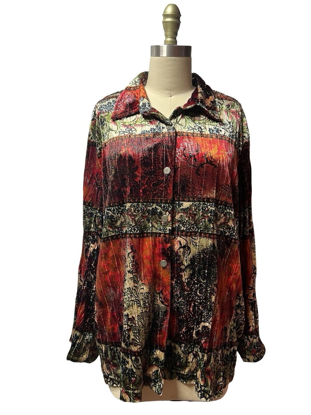 Vintage 90s Goth Whimsigoth Floral Paisley Velvet Button Blouse Red Green SZ L